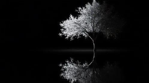 Lone silver tree echoing quietly across midnight water.
