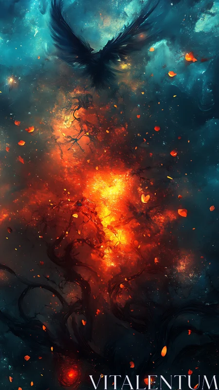 Emberwing phoenix rising through cosmic stormfire skies.