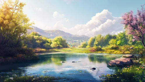 Bright spring lake in lush green valley under soft clouds.