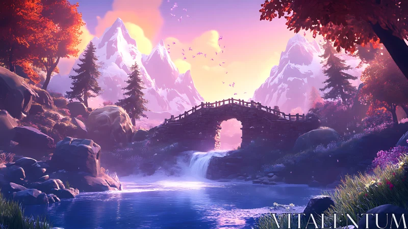 Stone bridge spans waterfall beneath snow covered mountains