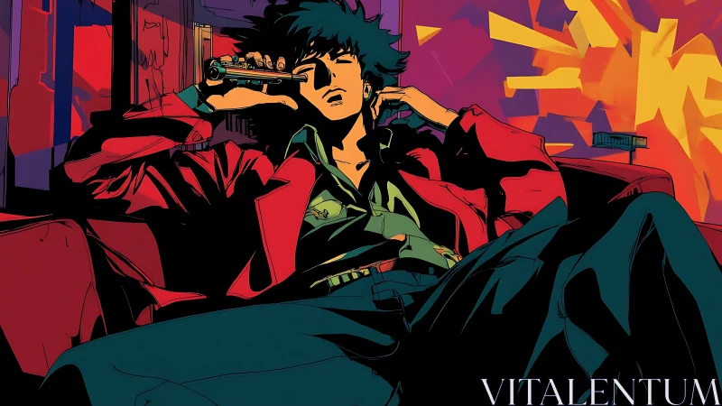 Relaxed gunman reclines in neon-lit interior with bold contrast