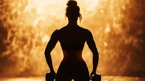 Backlit silhouette of woman holding dumbbells during workout