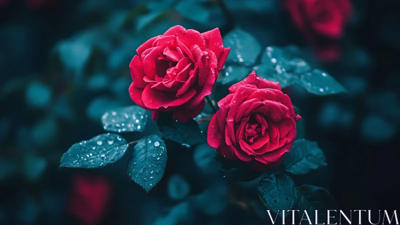 Crimson roses with water droplets against moody teal foliage.