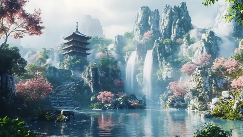 Pagoda overlooks misty waterfalls in detailed mountain valley