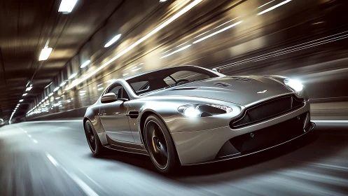 Silver sports car at speed in illuminated city tunnel.