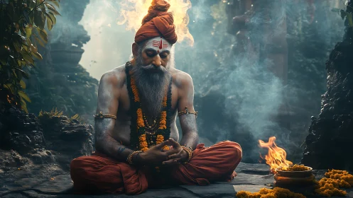 Elderly ascetic sits cross-legged amid controlled ritual fires