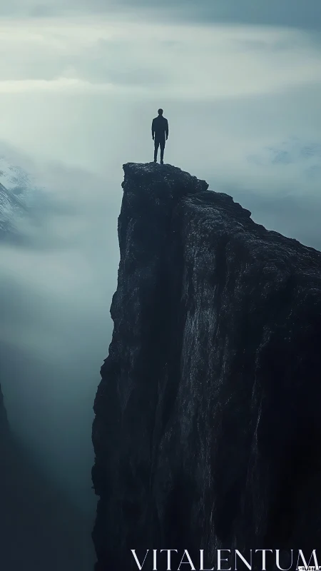 Solitary figure on sheer cliff in misty atmospheric light.