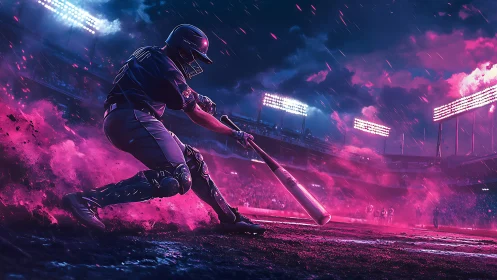 Neon-lit batter swings under stormy stadium skies at night.