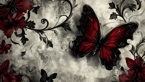 Red butterfly with floral elements on textured surface.