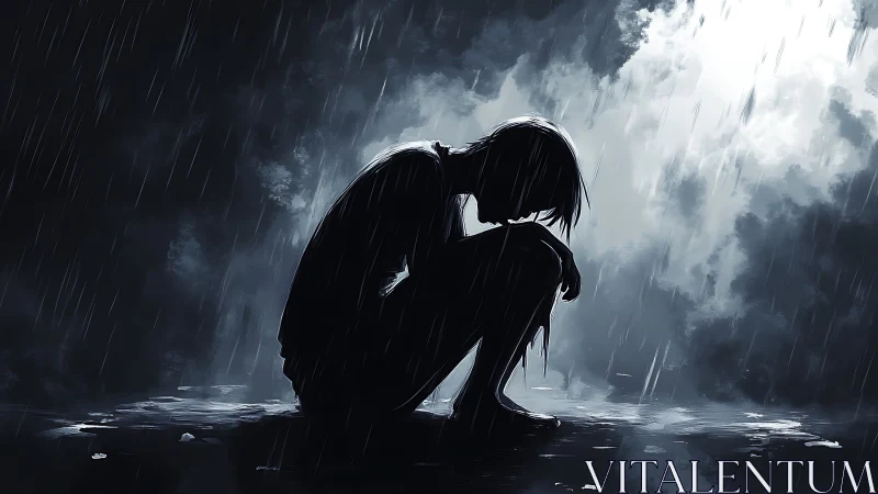 Silent figure in the storm, pausing with heavy-hearted grace.