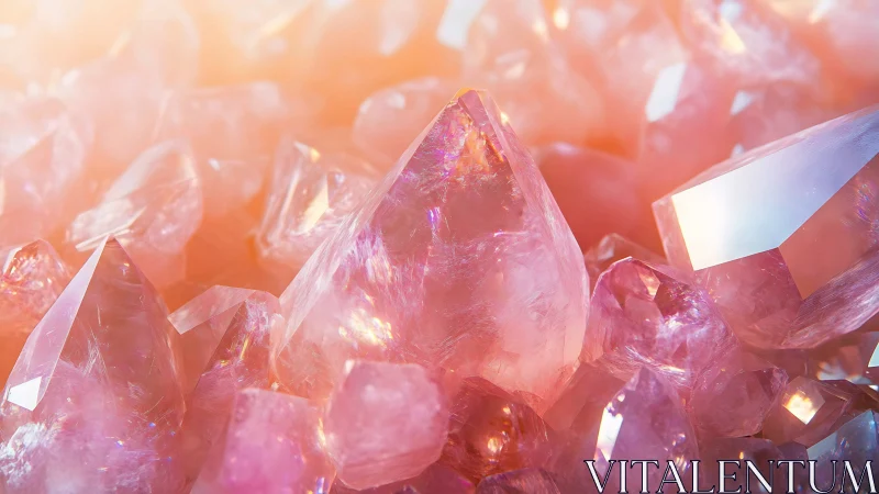 Iridescent rose quartz crystal cluster in warm sunrise glow.