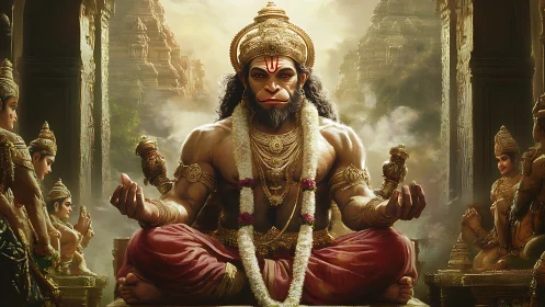 Regal monkey deity meditates in ornate golden temple hall.