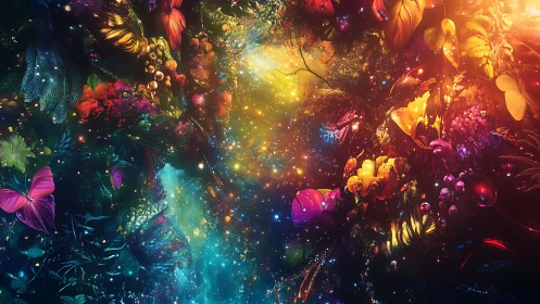 Bioluminescent fantasy garden bursts with cosmic color.