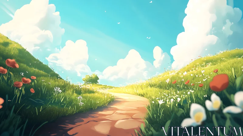 Digital painting of sunlit flower path in rolling meadows.