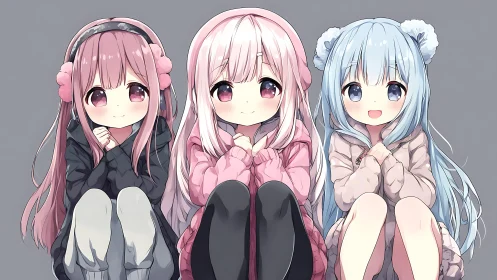 Cozy chibi trio sit together in pastel winter outfits.