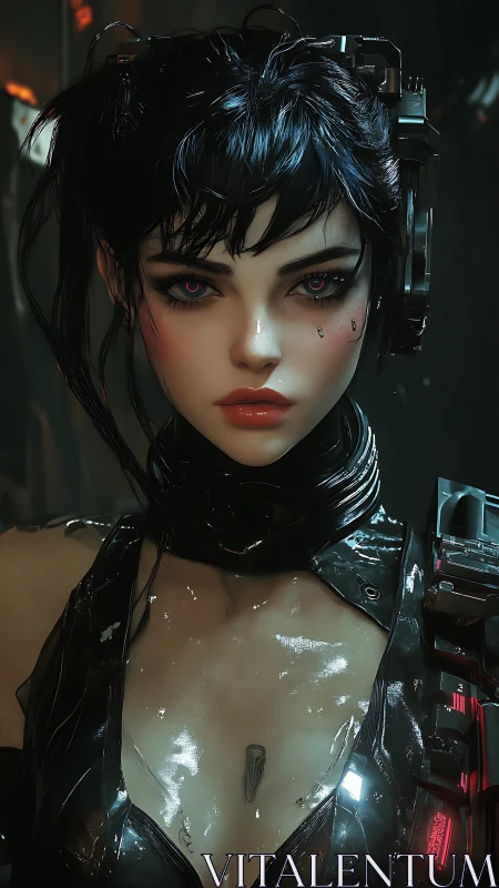 Cybernetic woman in glossy armor with intense red eyes.