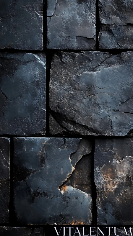 Dark cracked stone tile wall texture in close detail.