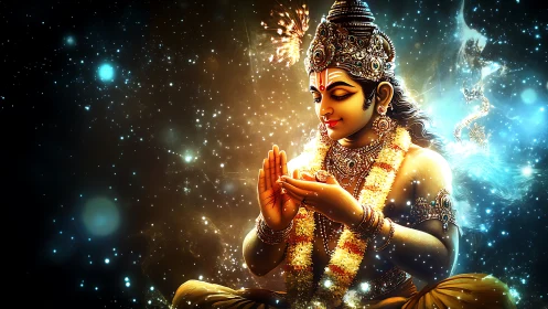 Hindu deity in ornate garlands amid glowing cosmic space.