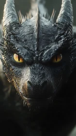Close frontal portrait of a black dragon with yellow eyes.