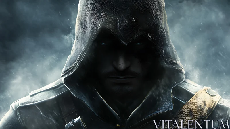 Hooded operative in volumetric fog, high contrast rendering.