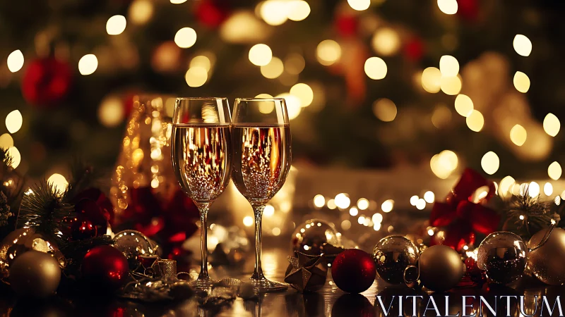 Holiday champagne flutes glow amid warm bokeh lights.