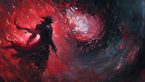 Dark sorcerer confronts swirling crimson cosmic vortex