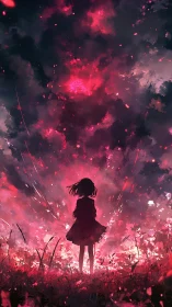 Silhouette girl stands before erupting crimson twilight sky.
