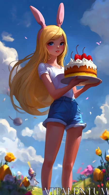 Blonde Anime Character with Pink Rabbit Ears Holding Decorated Cake in Floral Meadow