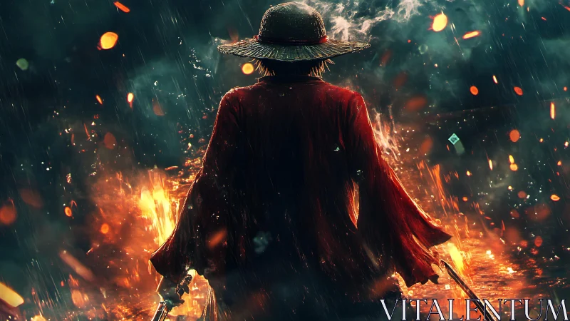 Lone wanderer in the rainlit blaze of a quiet rebellion.