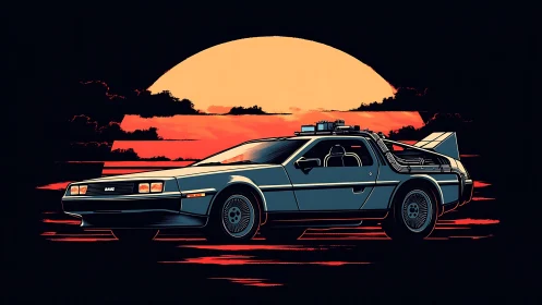 Retro time-travel car illustration under neon sunset.