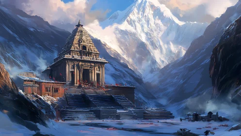 Mountain temple sanctuary wrapped in snow and soft light.