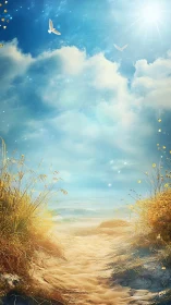 Sunlit sandy path leading to calm blue ocean horizon.