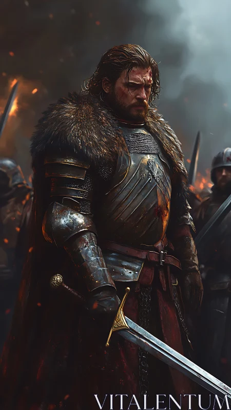 Battle-worn medieval warrior stands in burning battlefield