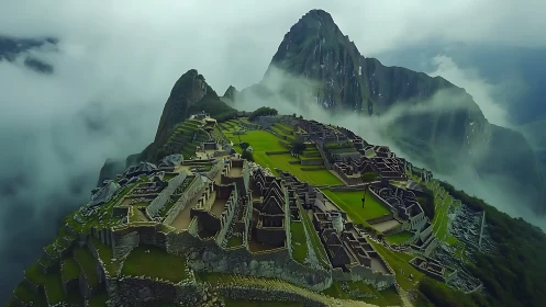 Mountaintop stone ruins extend across terraces in dense fog