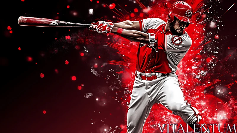 Electric red baseball swing frozen in explosive motion.