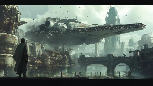 Massive starship over misty dystopian cityscape at dawn.