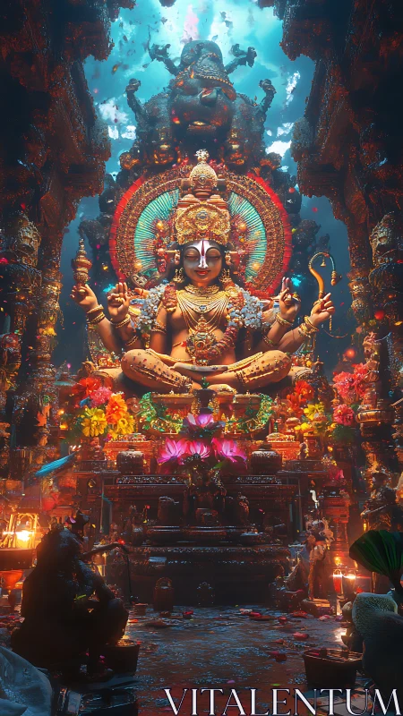 Majestic deity floats in luminous temple of color and light.
