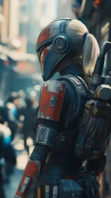 Cyberpunk street operative in red armored exosuit profile.