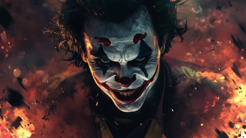 Smoldering clown antihero framed in swirling fiery chaos.