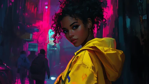 Confident woman in yellow coat under neon city glow.