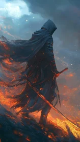 Cloaked ember-walker strides through a storm of burning dusk