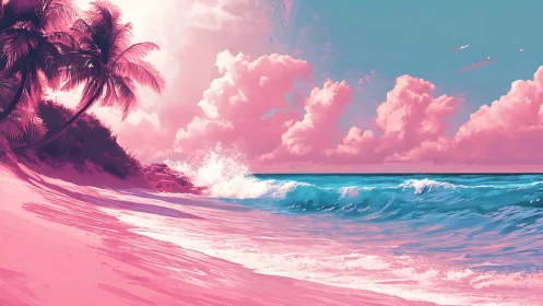 Surreal Tropical Seascape with Magenta Palms and Vivid Sky