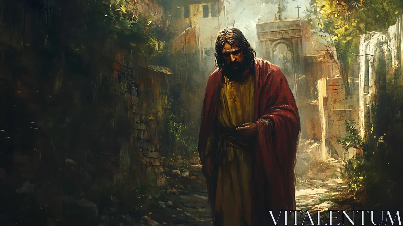 Wandering prophet in ember-lit ruins of a forgotten city.