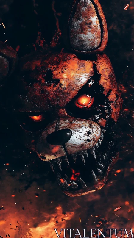 Charred animatronic hellhound grins through molten embers.