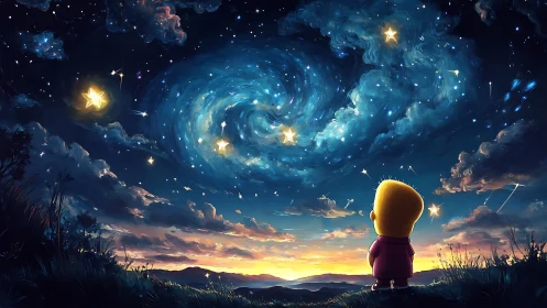 Child observer under spiral nebula sky with luminous stars.