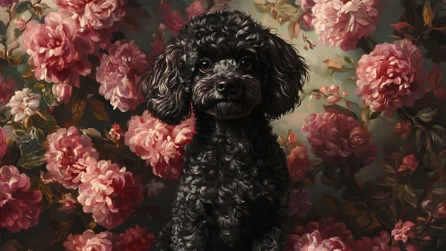 Black poodle portrait against baroque floral oil backdrop