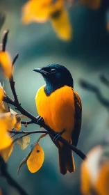 Yellow and black songbird perched on branch amid foliage.