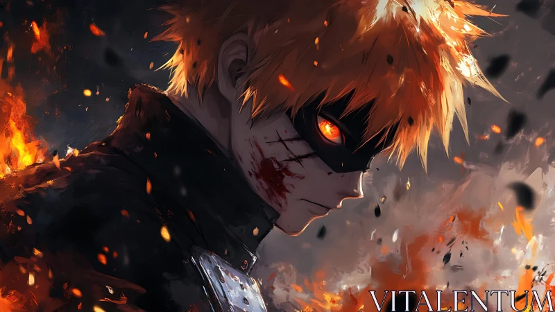 Fierce masked hero glowing amid swirling ember storms.