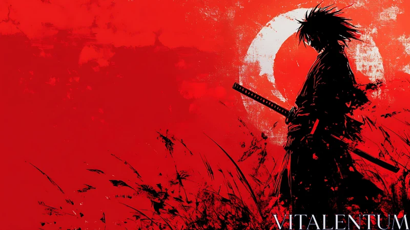 Lone samurai silhouette before distressed crimson sun.