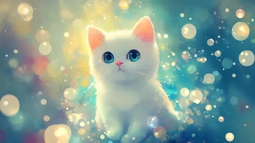 Luminous White Cat with Radiant Blue Eyes in Ethereal Light